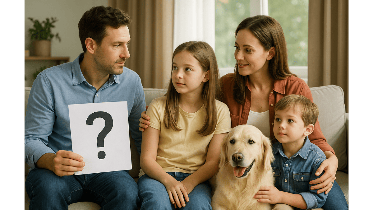 Familie mit zwei Kindern sitzt mit einem Hund im Wohnzimmer und überlegt, welches Haustier zu ihnen passt