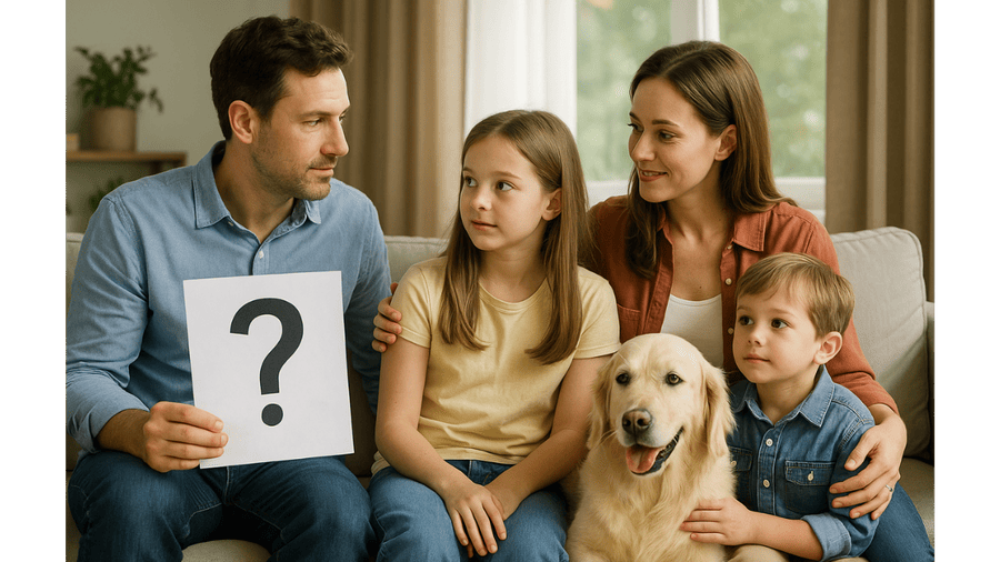 Familie mit zwei Kindern sitzt mit einem Hund im Wohnzimmer und überlegt, welches Haustier zu ihnen passt