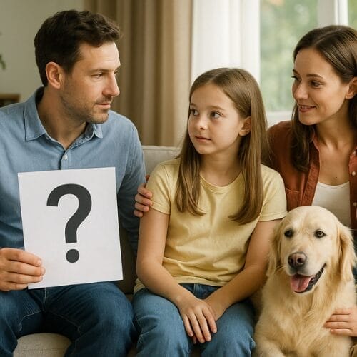 Familie mit zwei Kindern sitzt mit einem Hund im Wohnzimmer und überlegt, welches Haustier zu ihnen passt